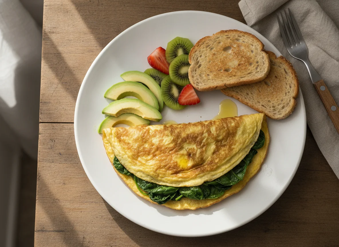 Omelette con espinacas, aguacate, kiwi, fresas y pan integral photo