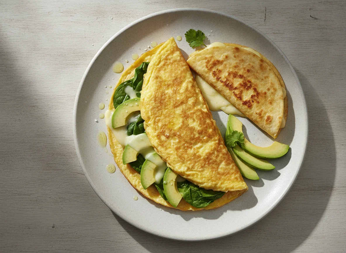 Omelette con espinacas, aguacate y quesadilla photo