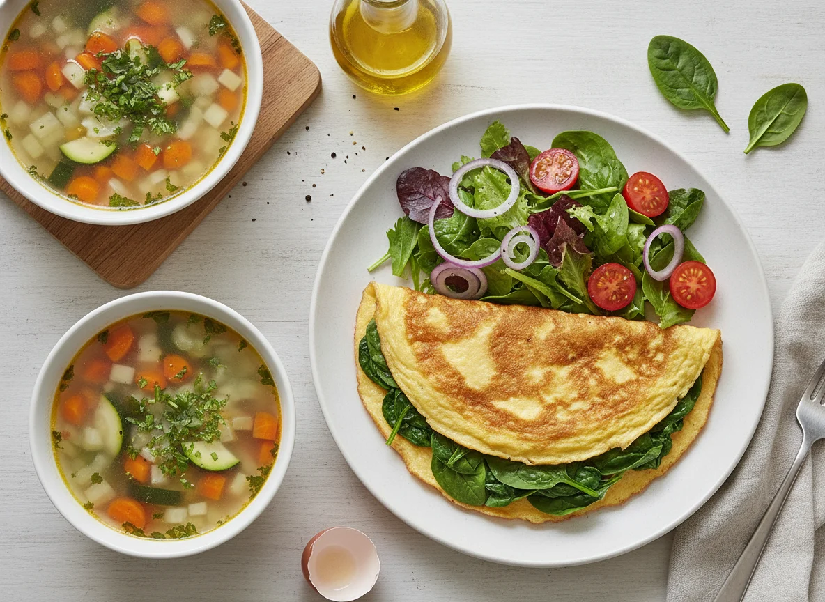 Omelette con espinacas, ensalada fresca y sopa de verduras photo