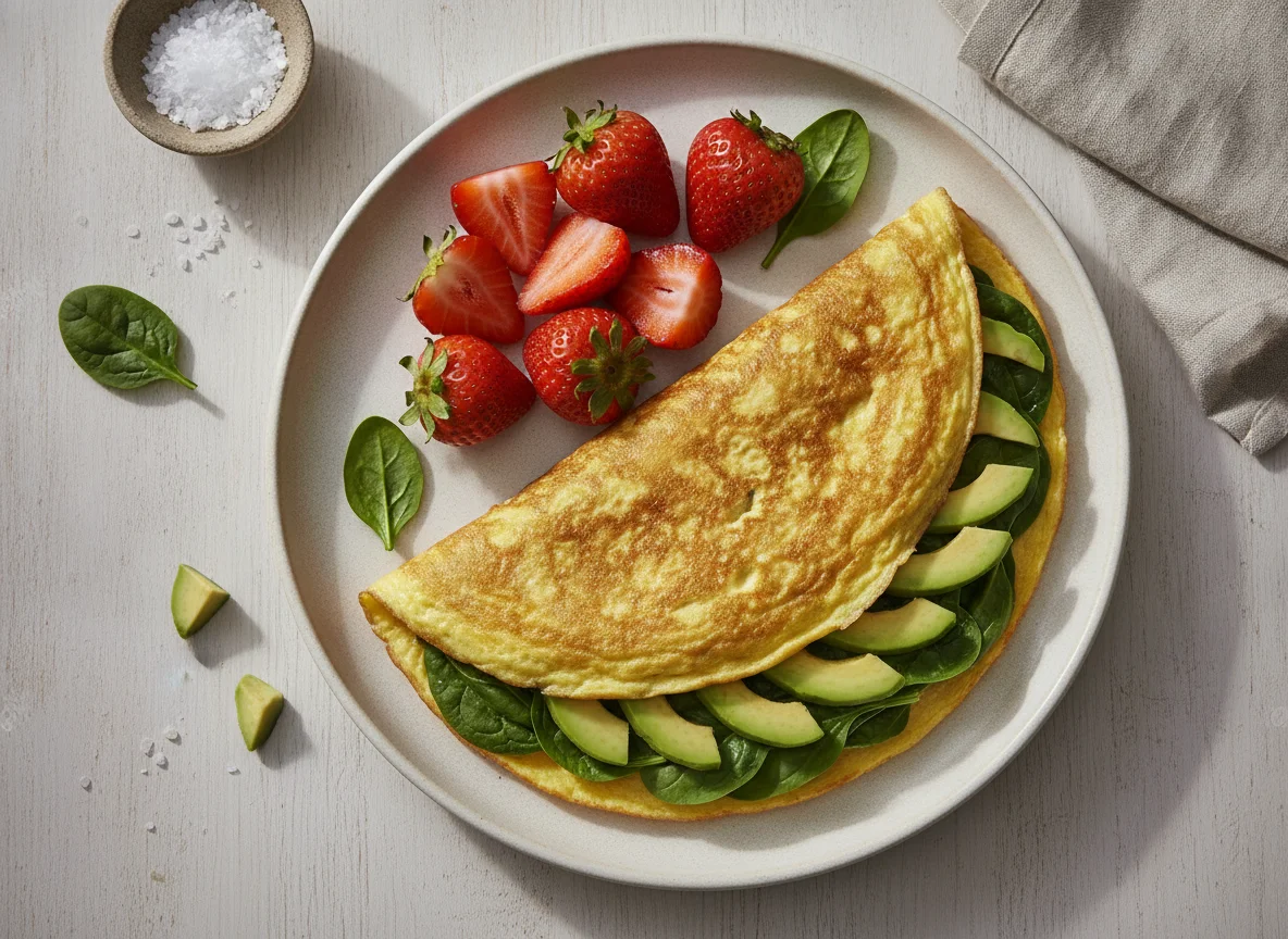 Omelette con espinacas y aguacate, con fresas photo