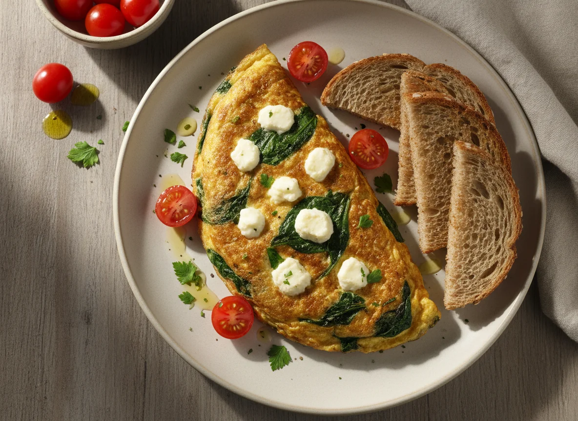 Omelette con espinacas y queso panela con pan integral photo
