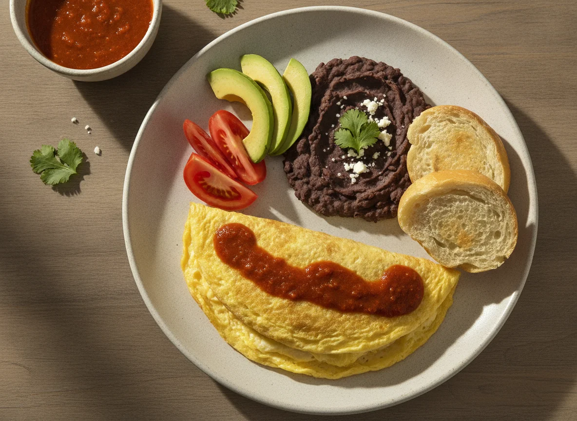 Omelette con frijoles, aguacate y pan photo