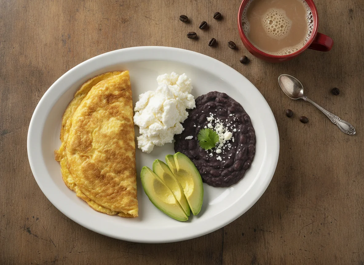 Omelette con frijoles, aguacate y requesón acompañado de café con leche photo