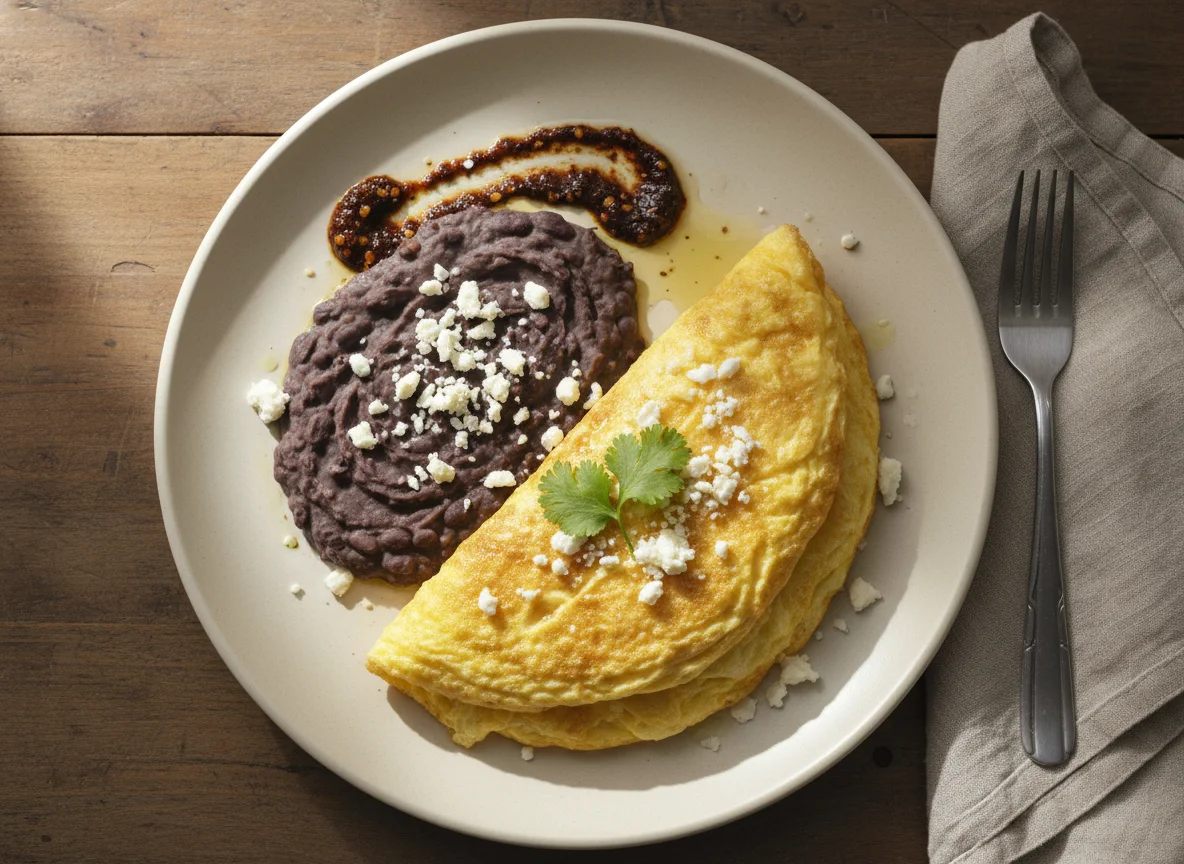 Omelette con frijoles refritos y queso fresco photo