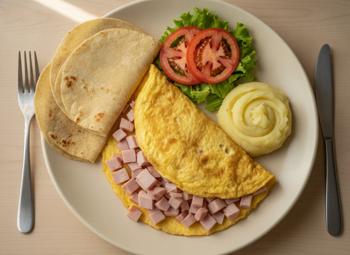 Omelette con jamón, puré de papa y tortillas photo