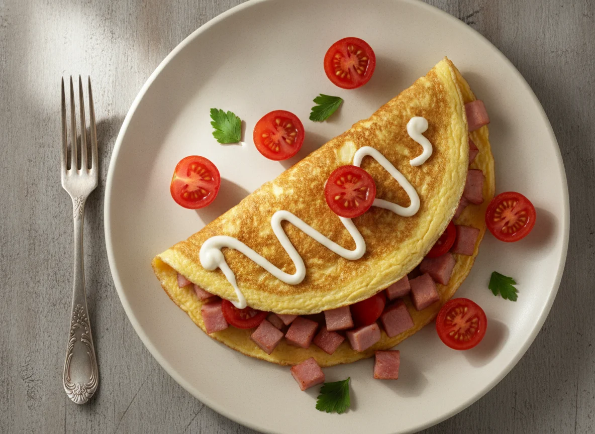 Omelette con jamón, tomates cherry y mayonesa photo