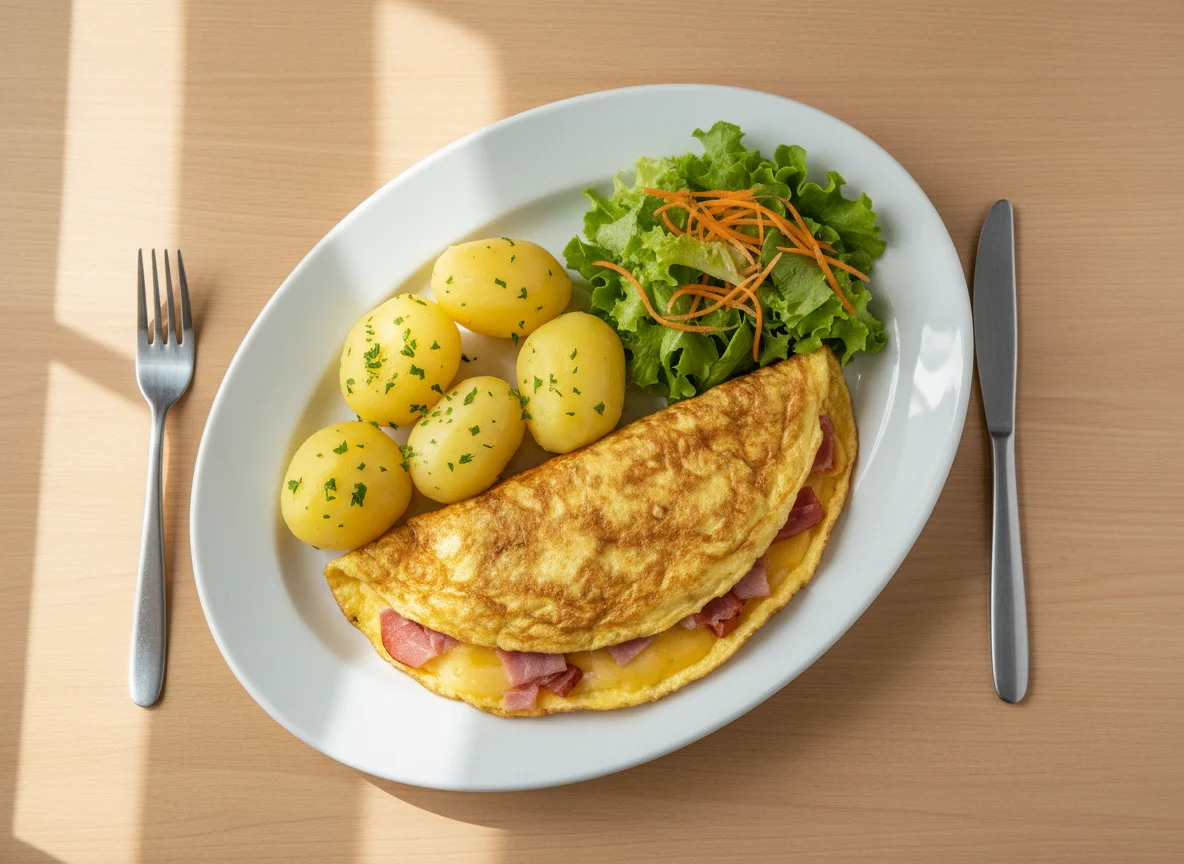 Omelette con jamón y queso, papa cocida y ensalada photo