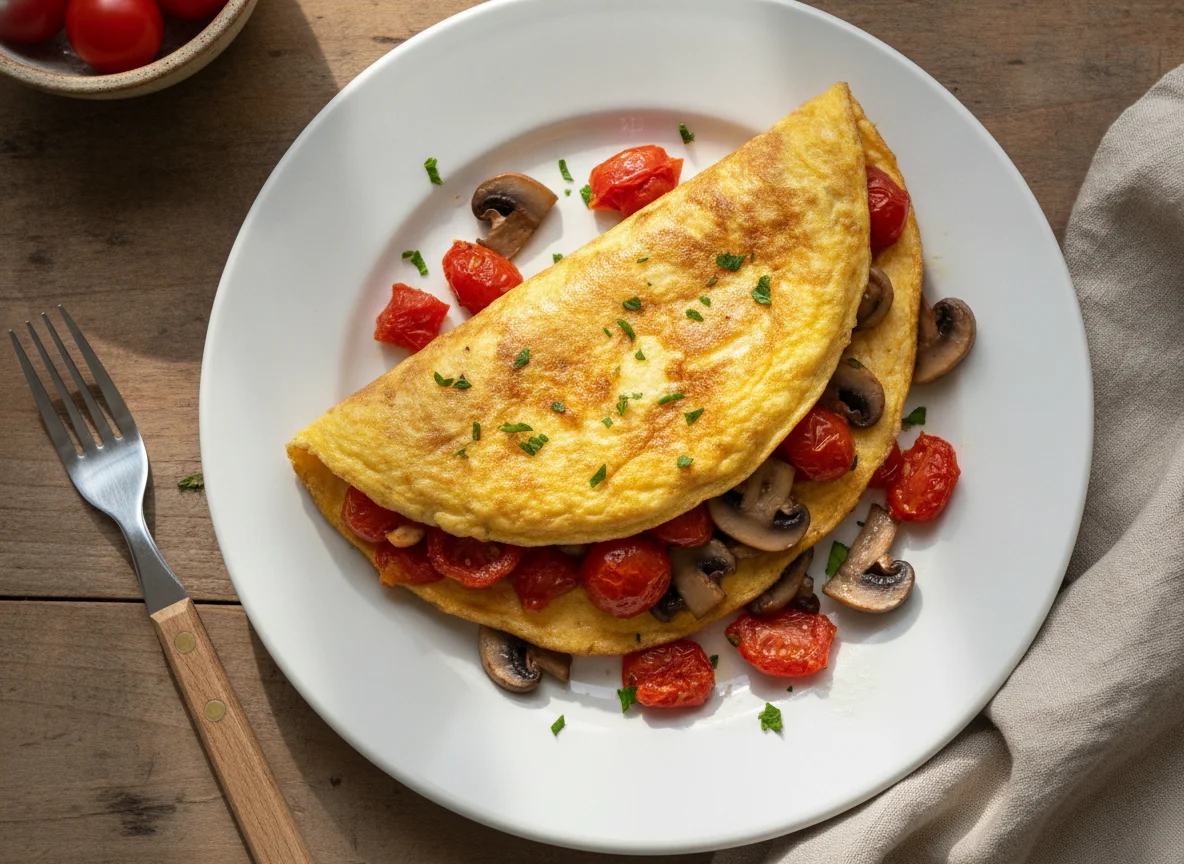 Omelette con jitomate y champiñones salteados photo