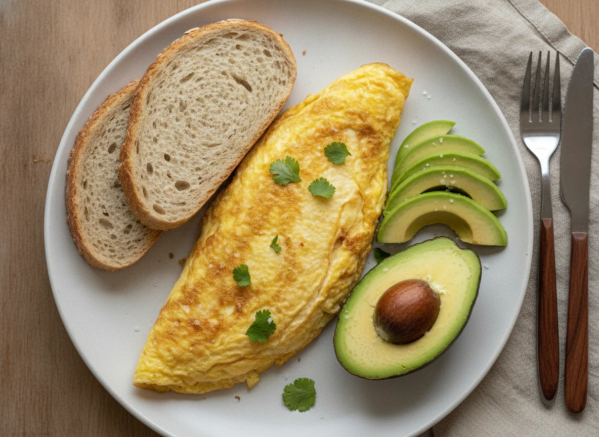 Omelette con pan integral y palta photo
