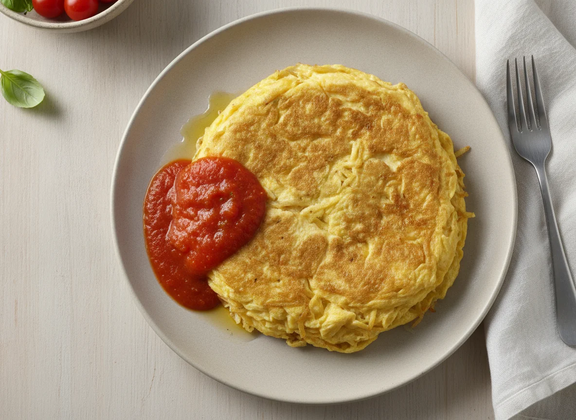 Omelette con papa rallada y salsa de tomate photo