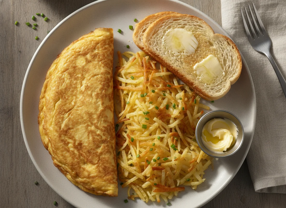 Omelette con papas hash brown y pan tostado photo