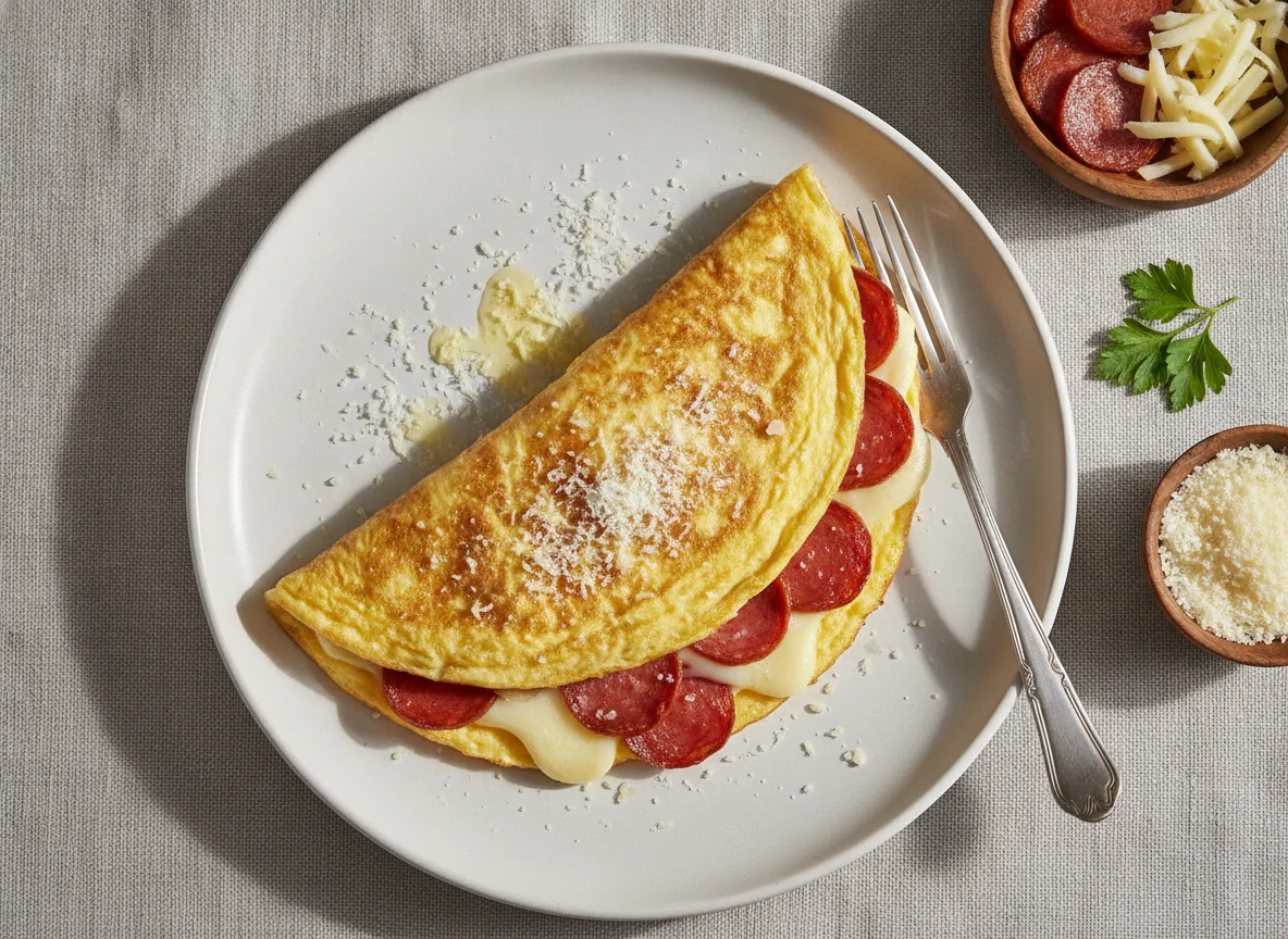 Omelette con pepperoni y queso fundido photo