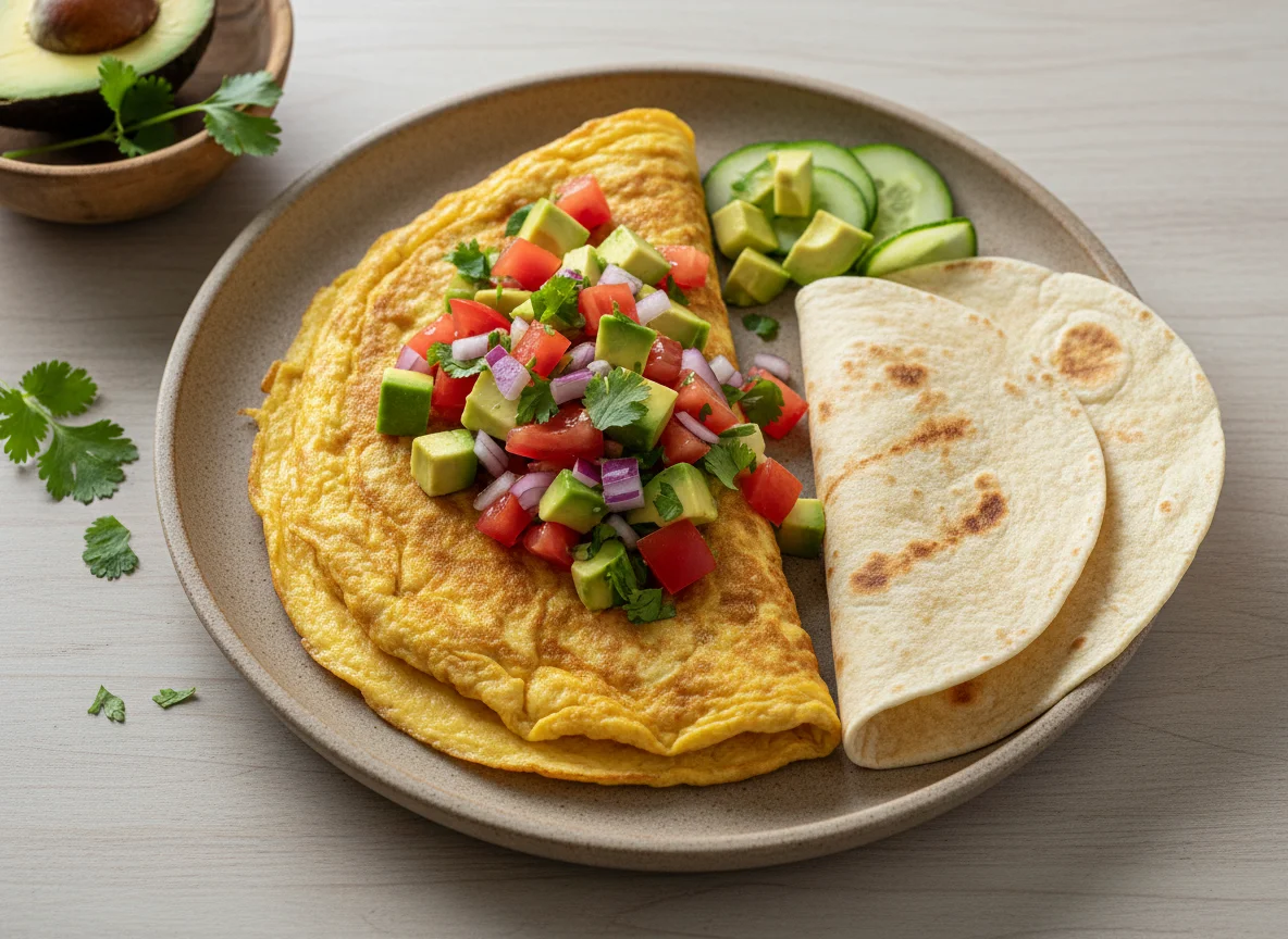 Omelette con pico de gallo y tortilla photo