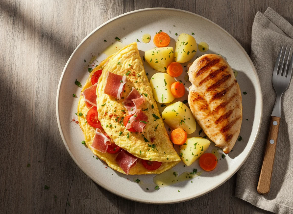 Omelette con pollo y vegetales photo