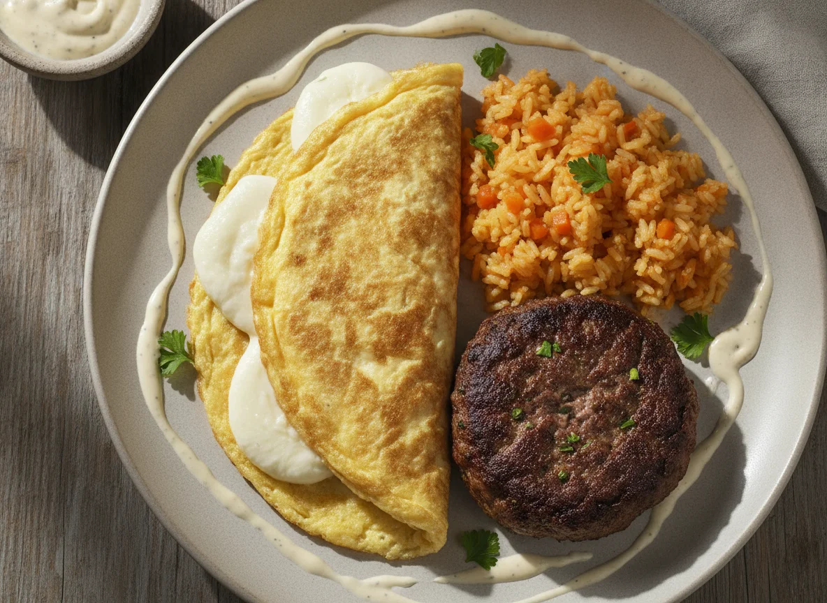 Omelette con queso y hamburguesa casera de carne picada photo