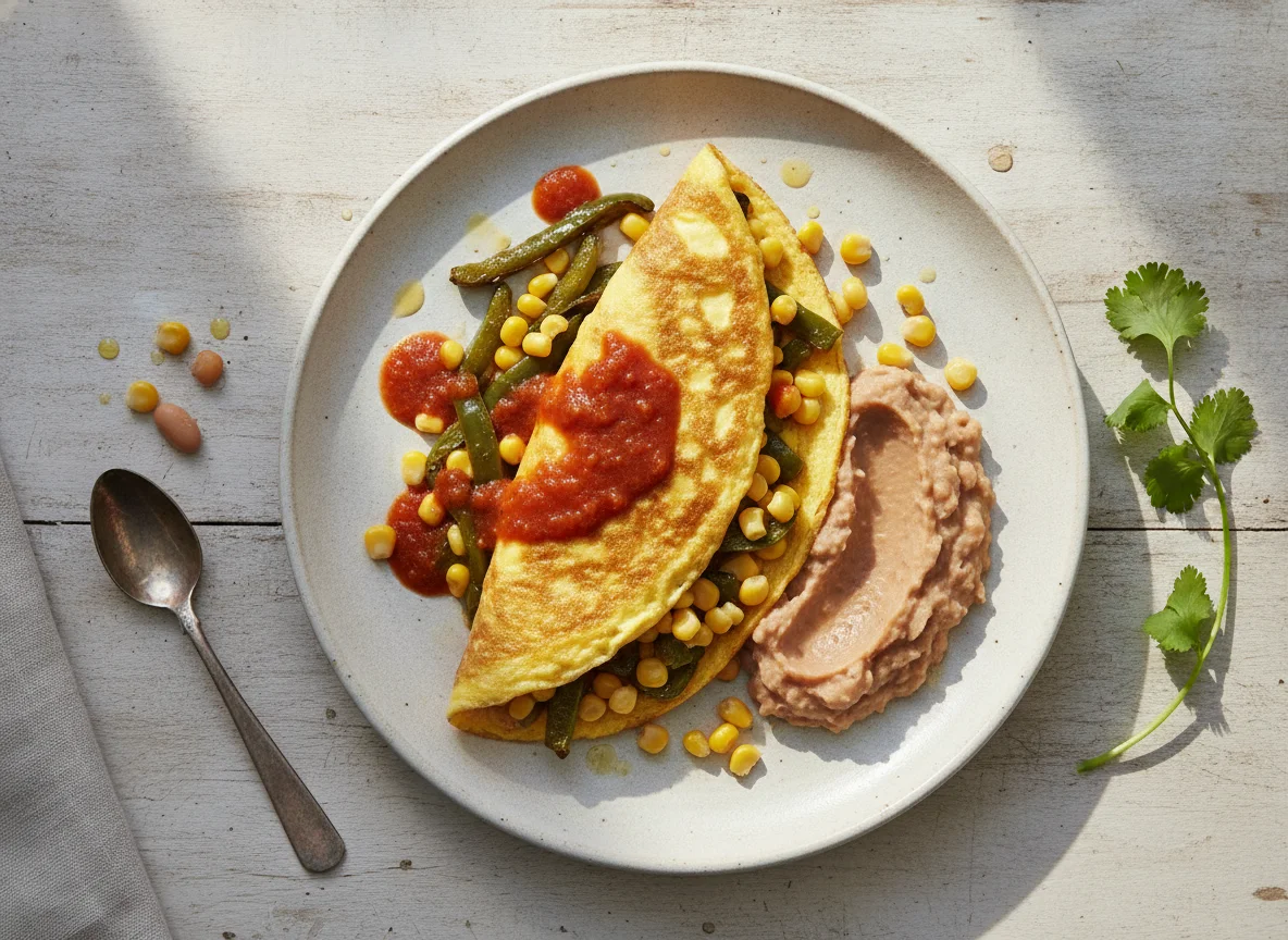 Omelette con rajas, elote y frijoles bayos photo