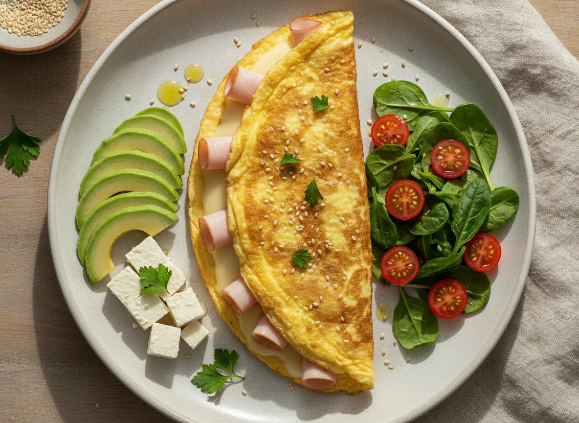 Omelette con rollitos de jamón y queso, aguacate y ensalada photo