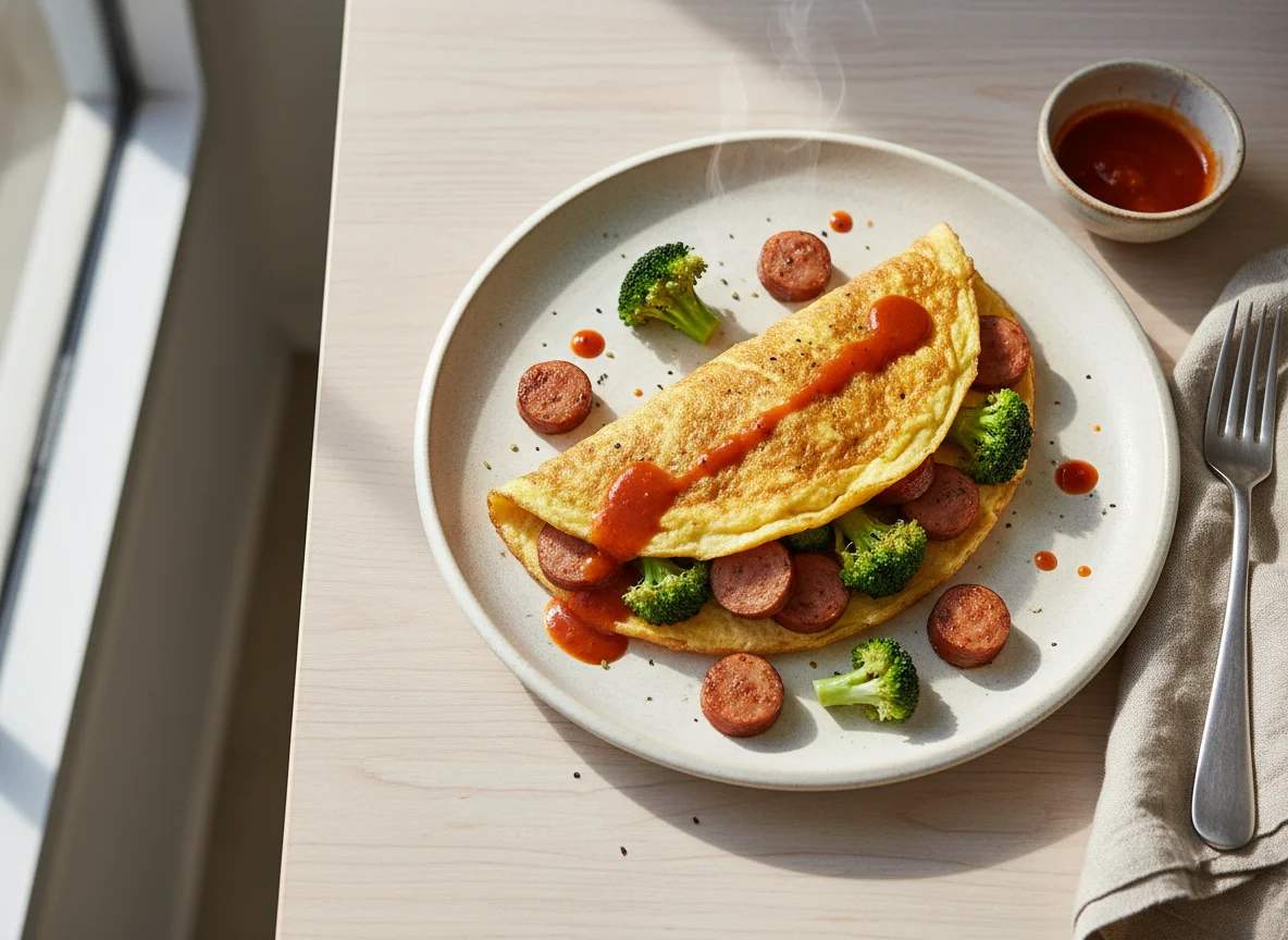 Omelette con salchicha y brócoli con salsa picante photo