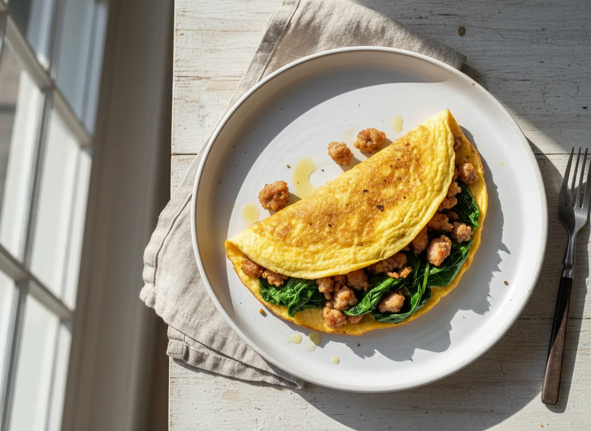 Omelette con salchicha y espinacas photo