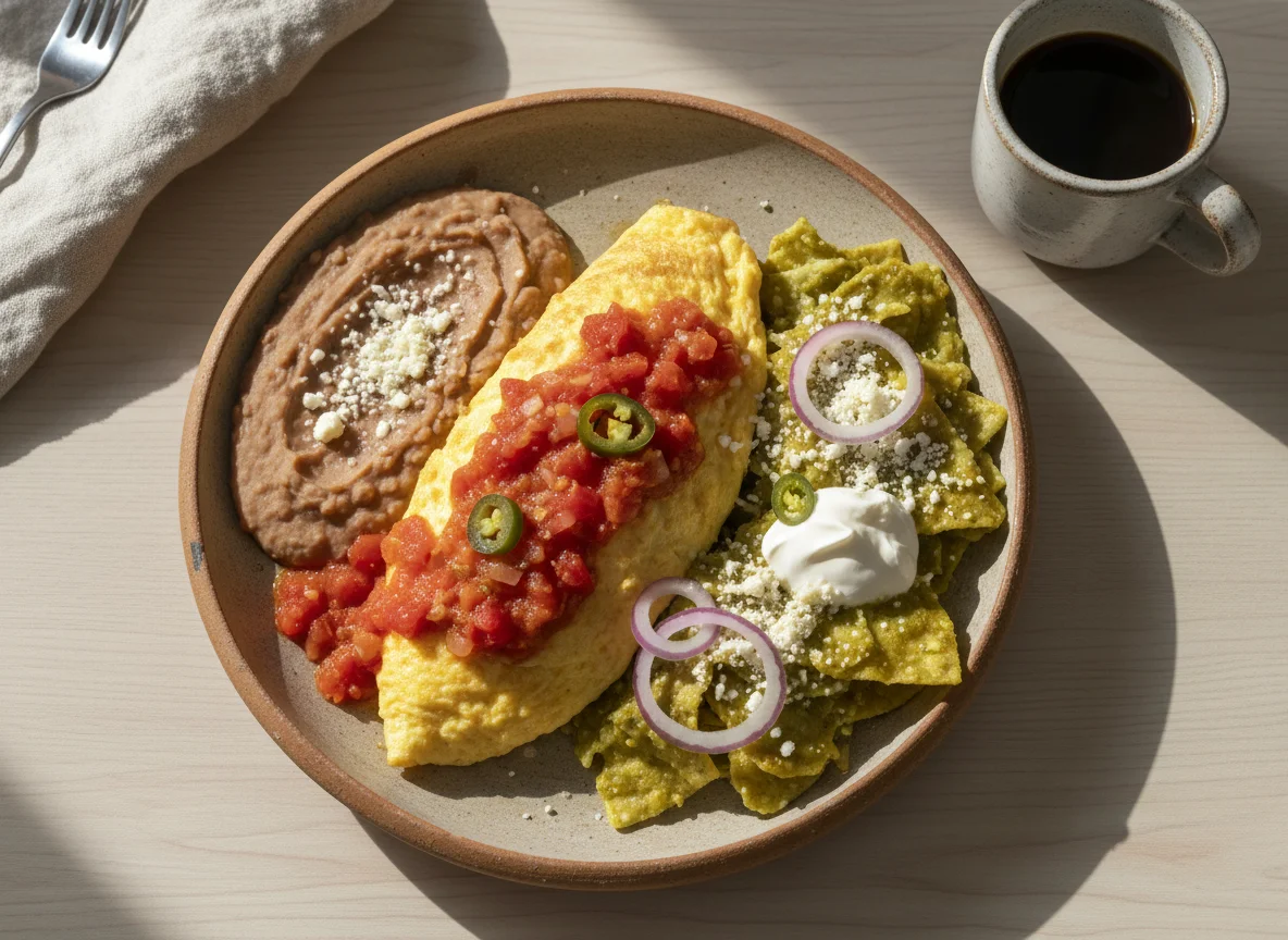 Omelette con salsa ranchera, frijoles refritos y chilaquiles verdes photo
