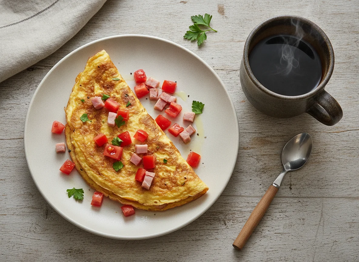 Omelette con tomate y jamón acompañado de café negro photo
