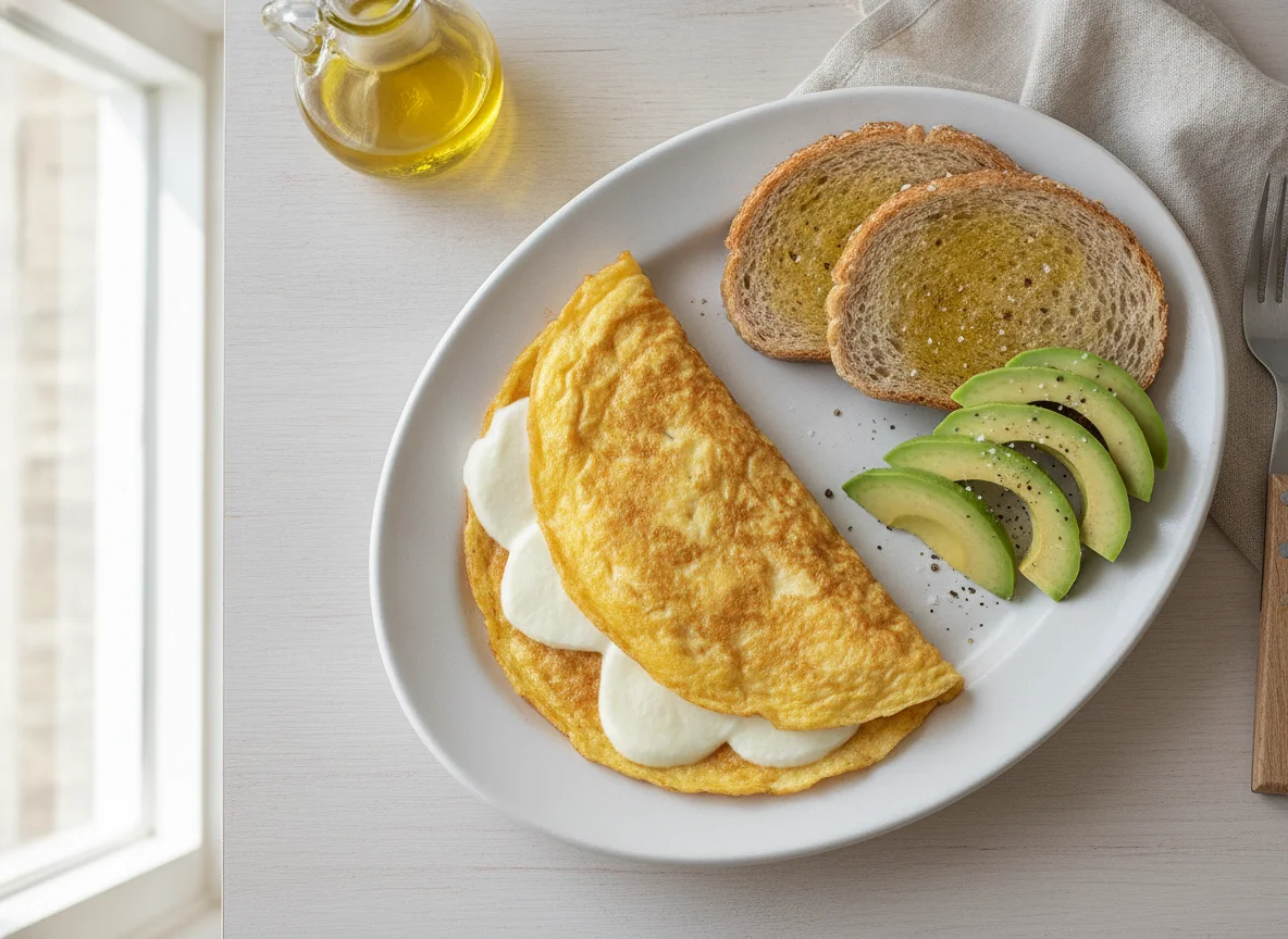 Omelette con tostadas de pan integral y palta photo