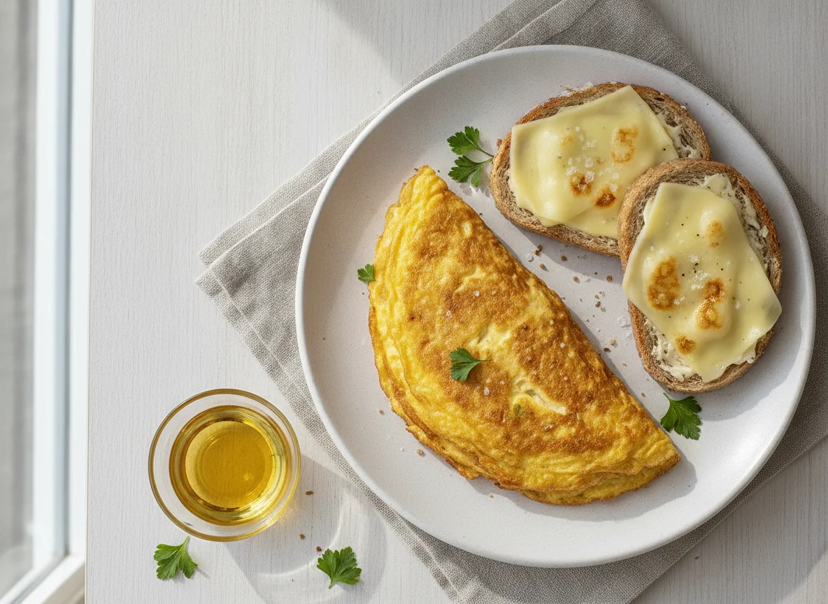Omelette con tostadas de pan integral y queso photo
