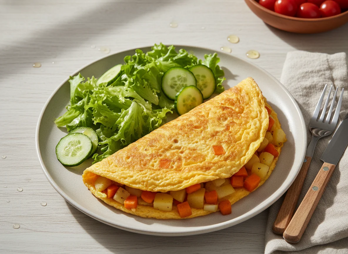 Omelette con vegetales y ensalada photo