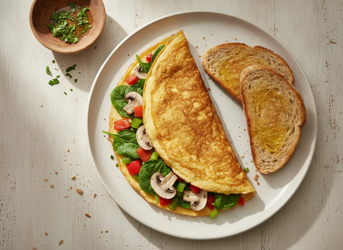 Omelette con vegetales y pan tostado photo