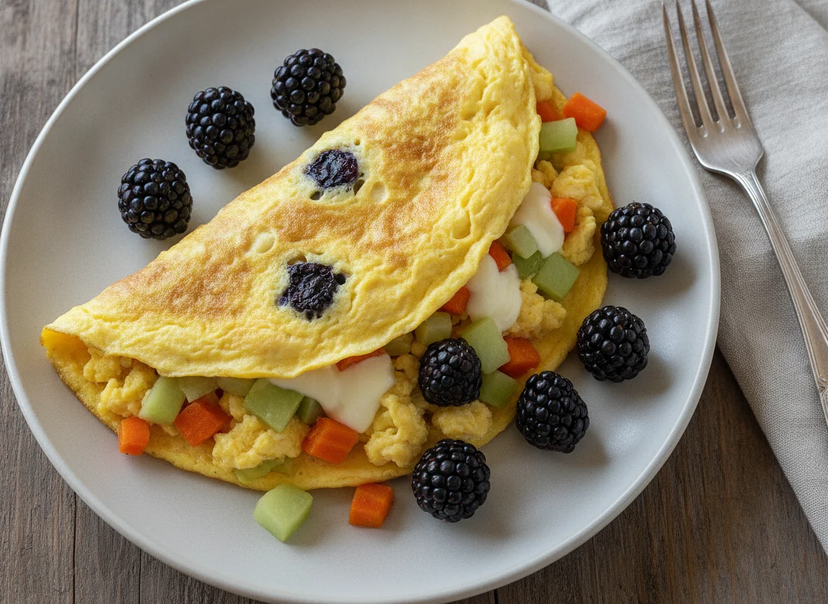 Omelette con verduras, zarzamoras y queso photo