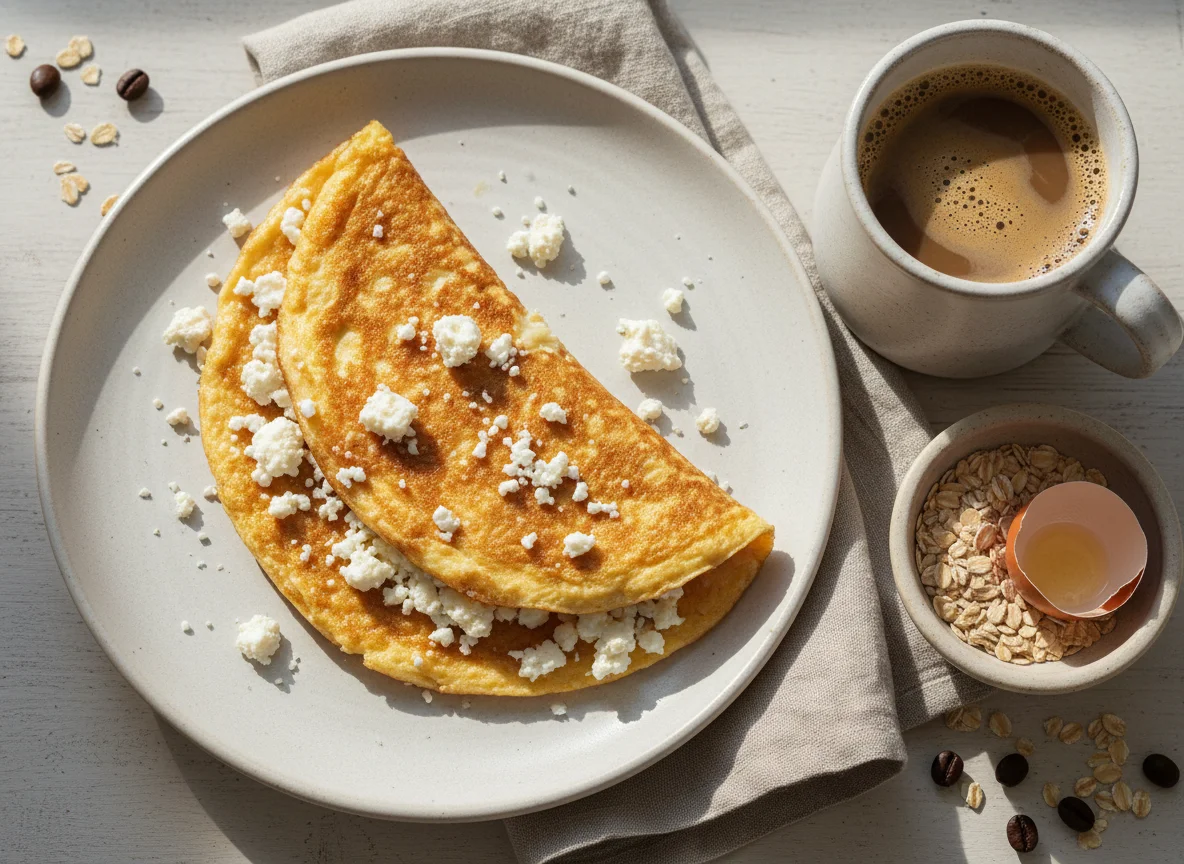 Omelette de avena y queso fresco con café con leche photo