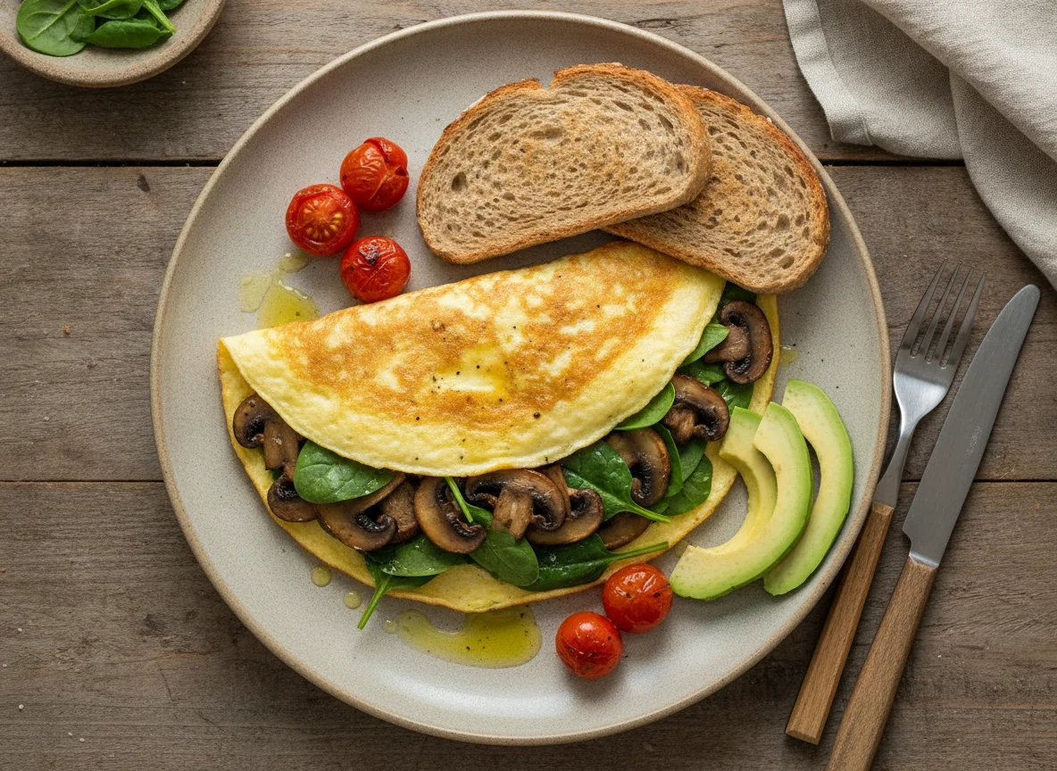 Omelette de claras con champiñones, espinacas y aguacate photo