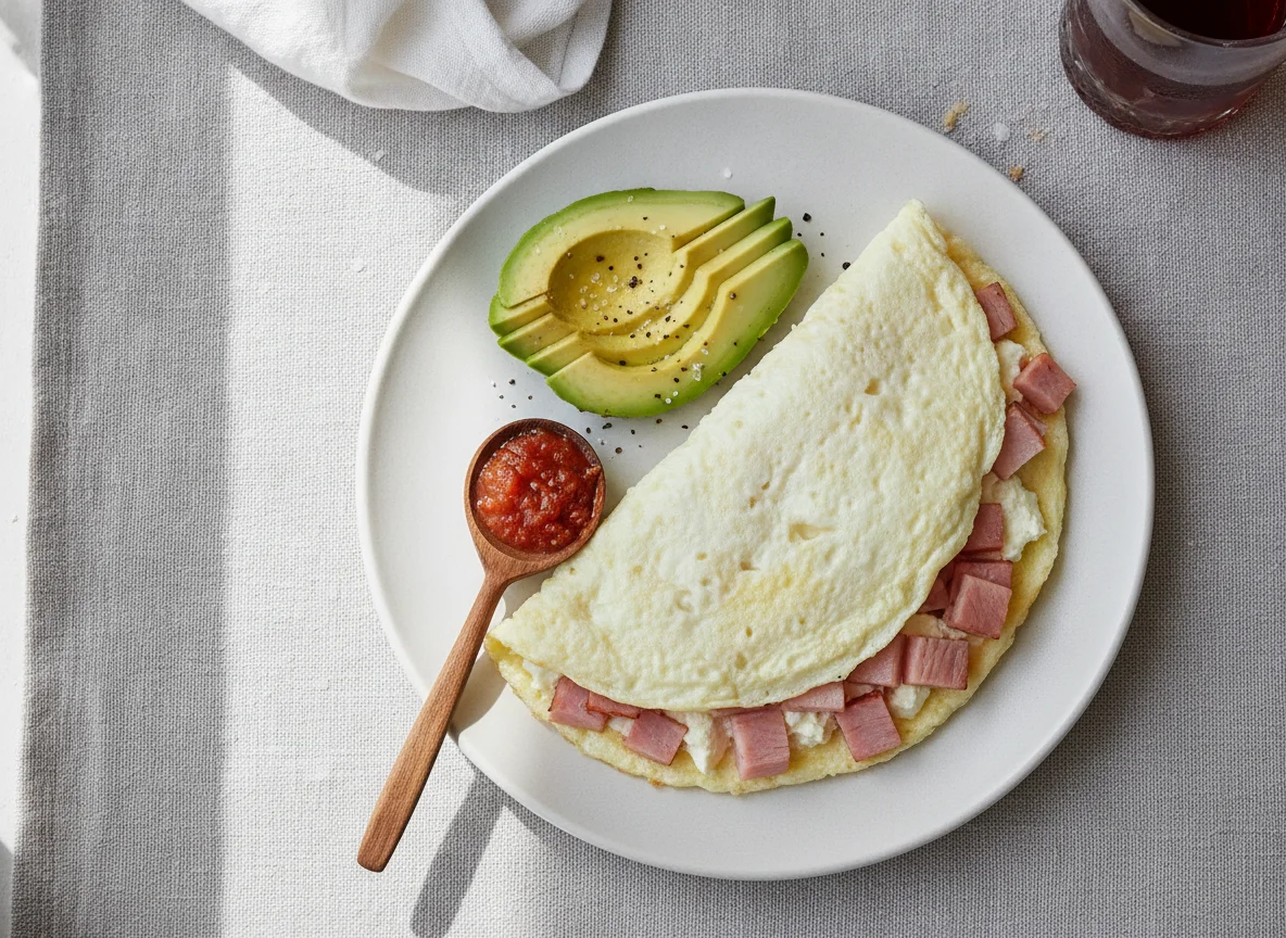 Omelette de claras con jamón y queso, y aguacate photo