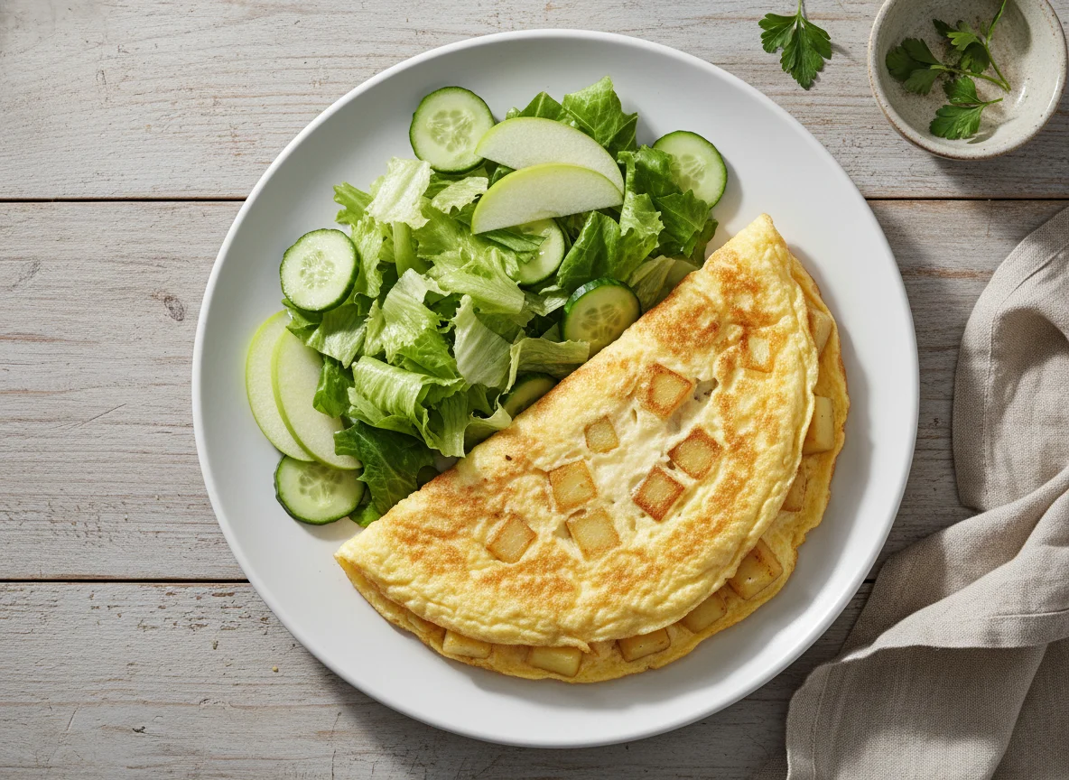 Omelette de claras con papas y ensalada photo