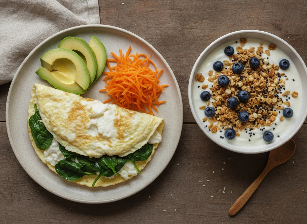 Omelette de claras con vegetales, aguacate y bowl de yogurt photo
