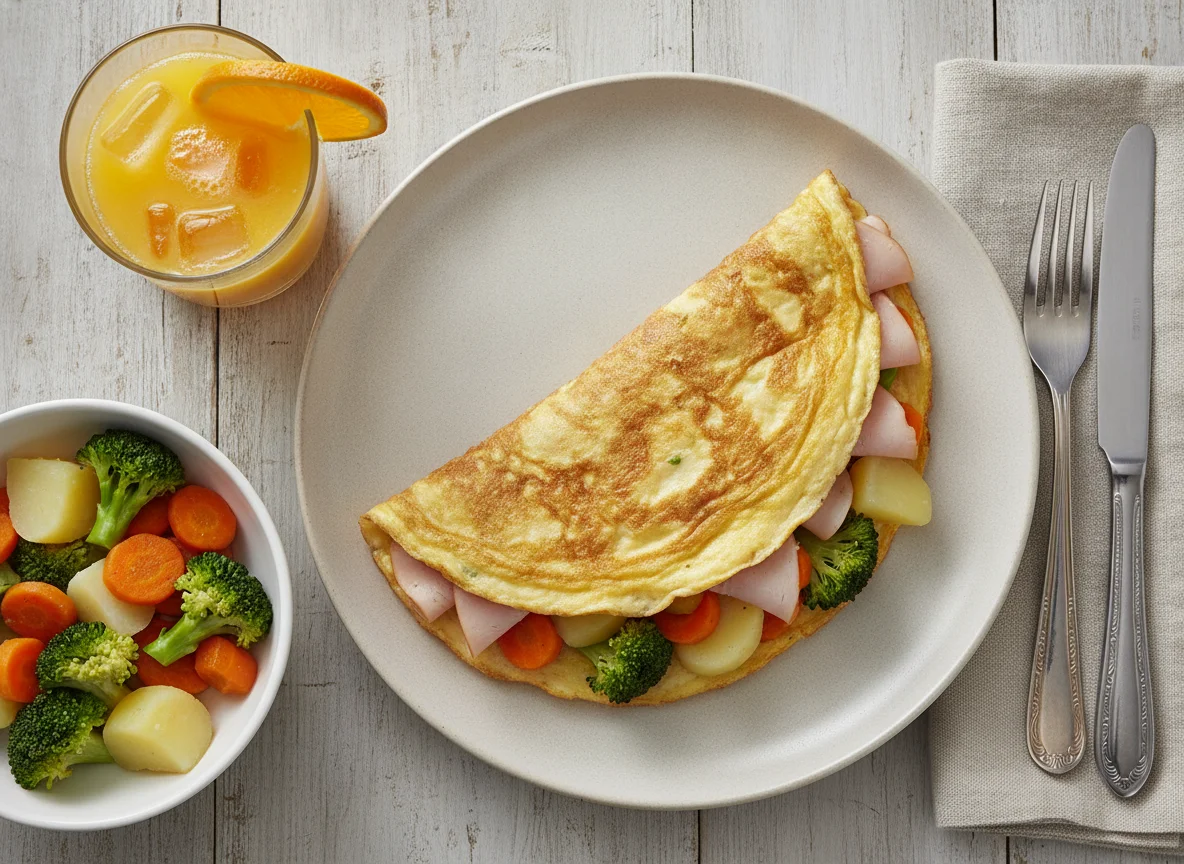 Omelette de claras con verduras al vapor y jugo de naranja photo
