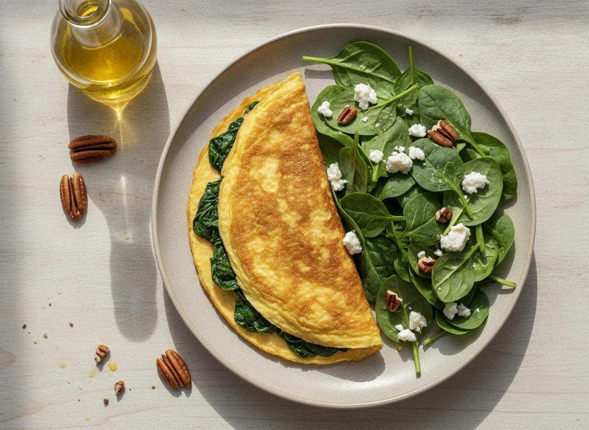 Omelette de espinacas con ensalada de espinacas, queso y nueces photo