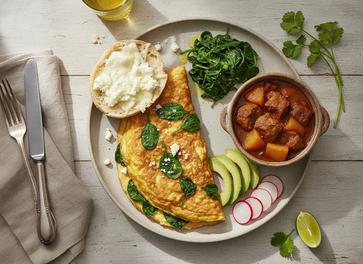 Omelette de espinacas con guarniciones photo