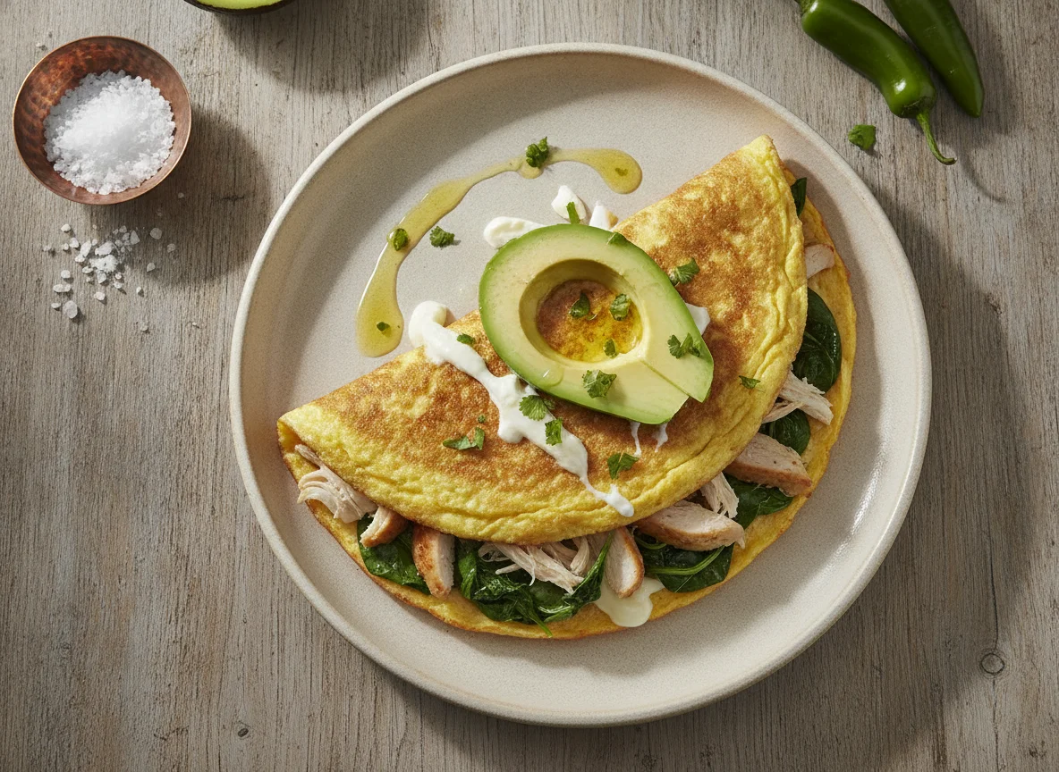 Omelette de garbanzos y huevo relleno con pollo, espinaca y queso photo