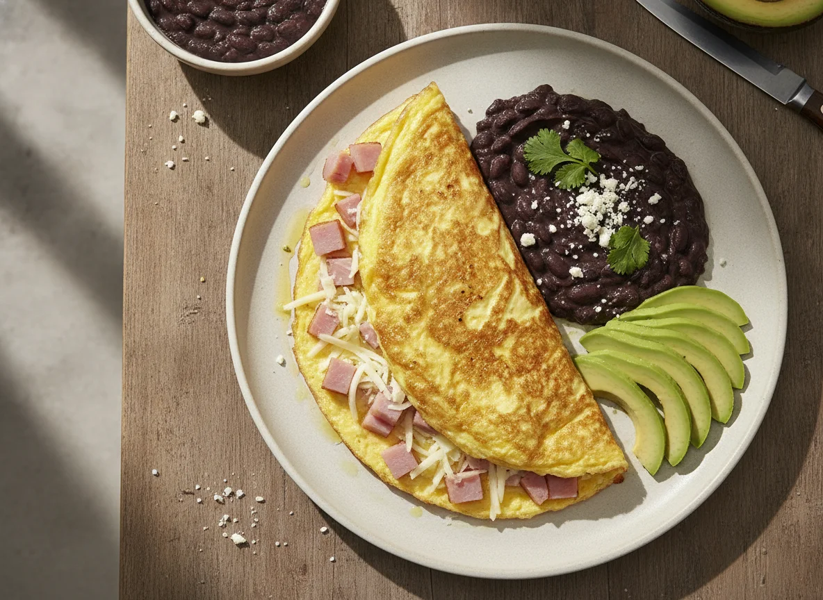 Omelette de jamón con frijoles y aguacate photo