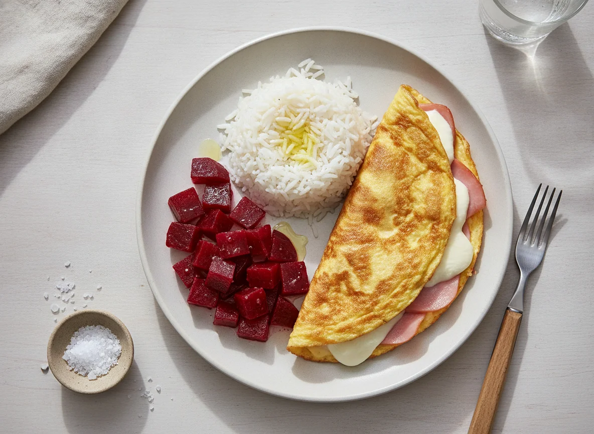 Omelette de jamón y queso con arroz y remolacha photo