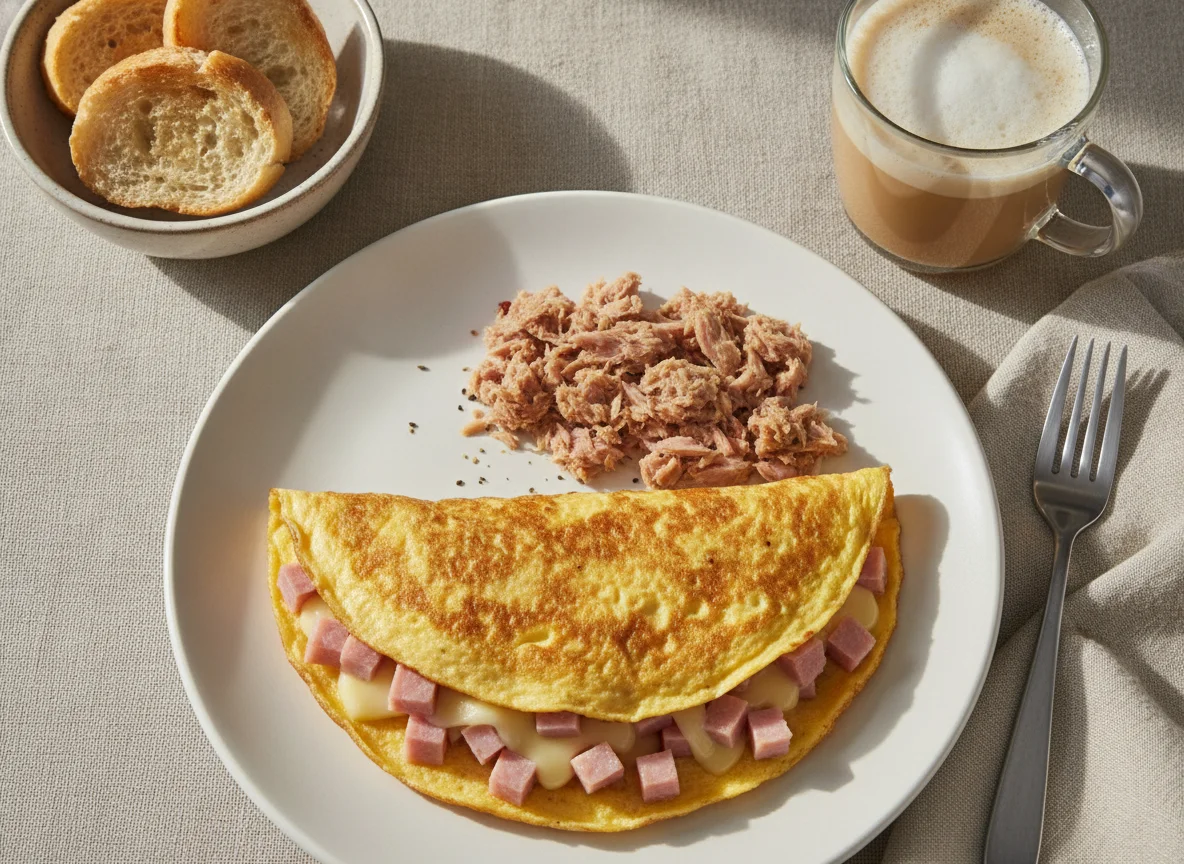 Omelette de jamón y queso con atún y café con leche photo