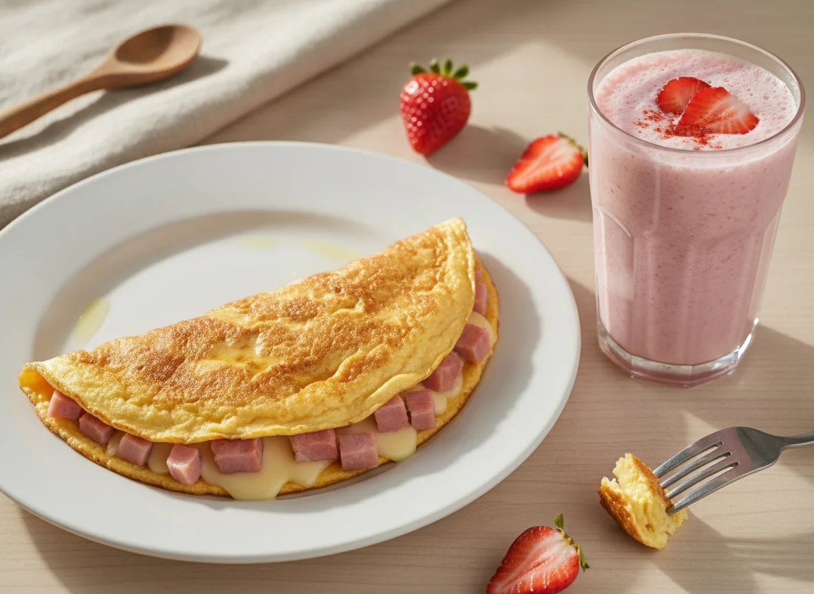 Omelette de jamón y queso con batido de fresa y proteína photo