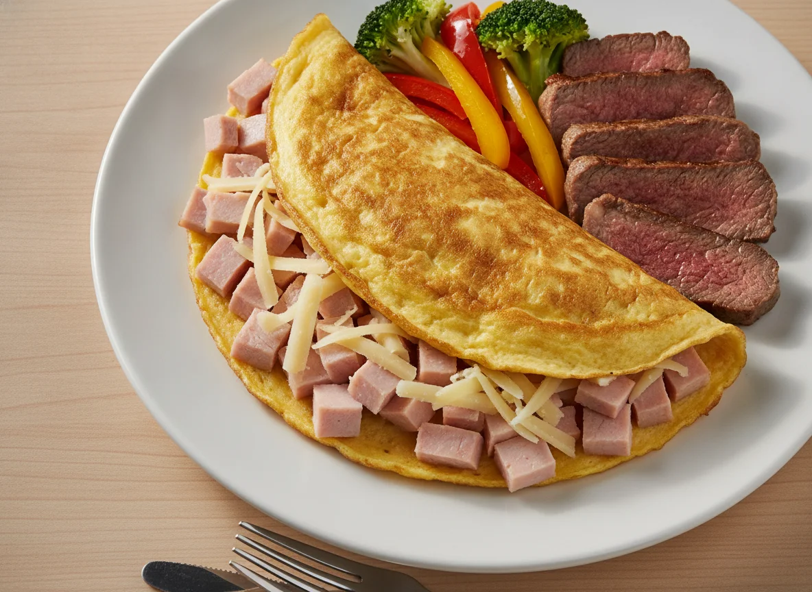 Omelette de jamón y queso con carne y verduras photo
