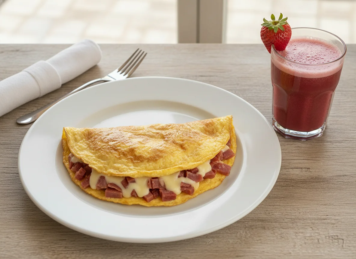 Omelette de jamón y queso con jugo de frutilla photo