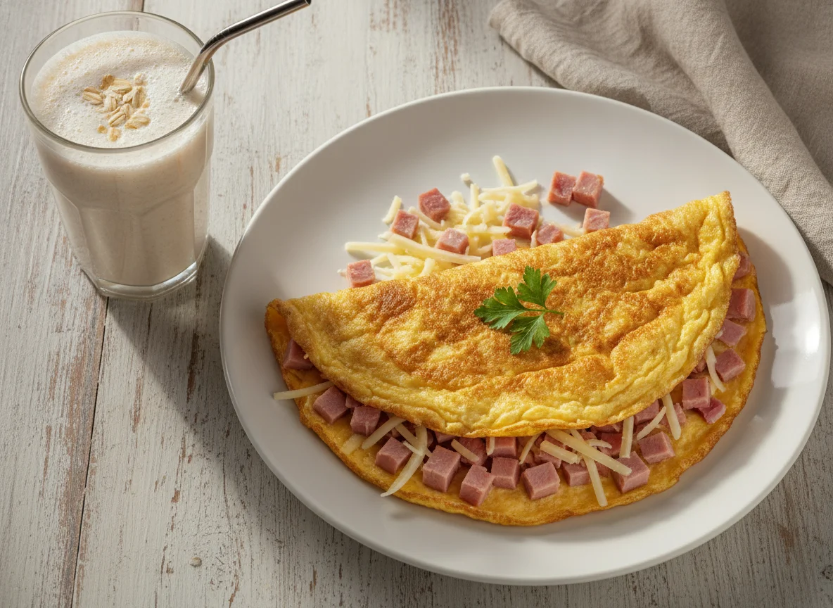 Omelette de jamón y queso con licuado photo
