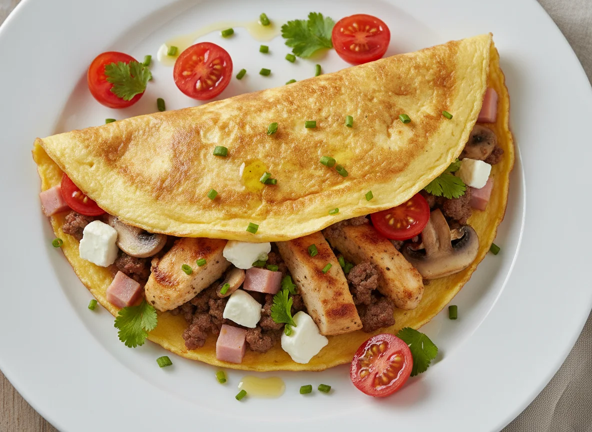 Omelette de pollo, carne, champiñones, queso, jamón, hierbas y tomate cherry photo