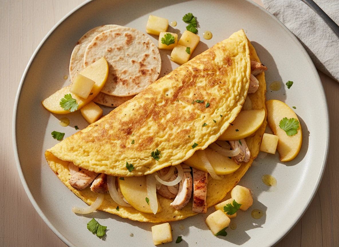 Omelette de pollo con tortillas y manzanas photo