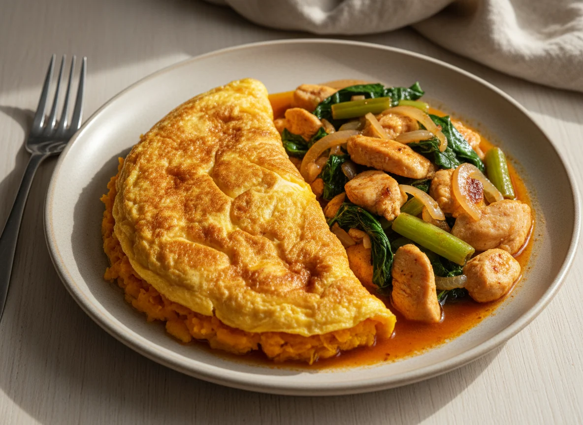 Omelette de zapallo y salteado de pollo con verduras photo