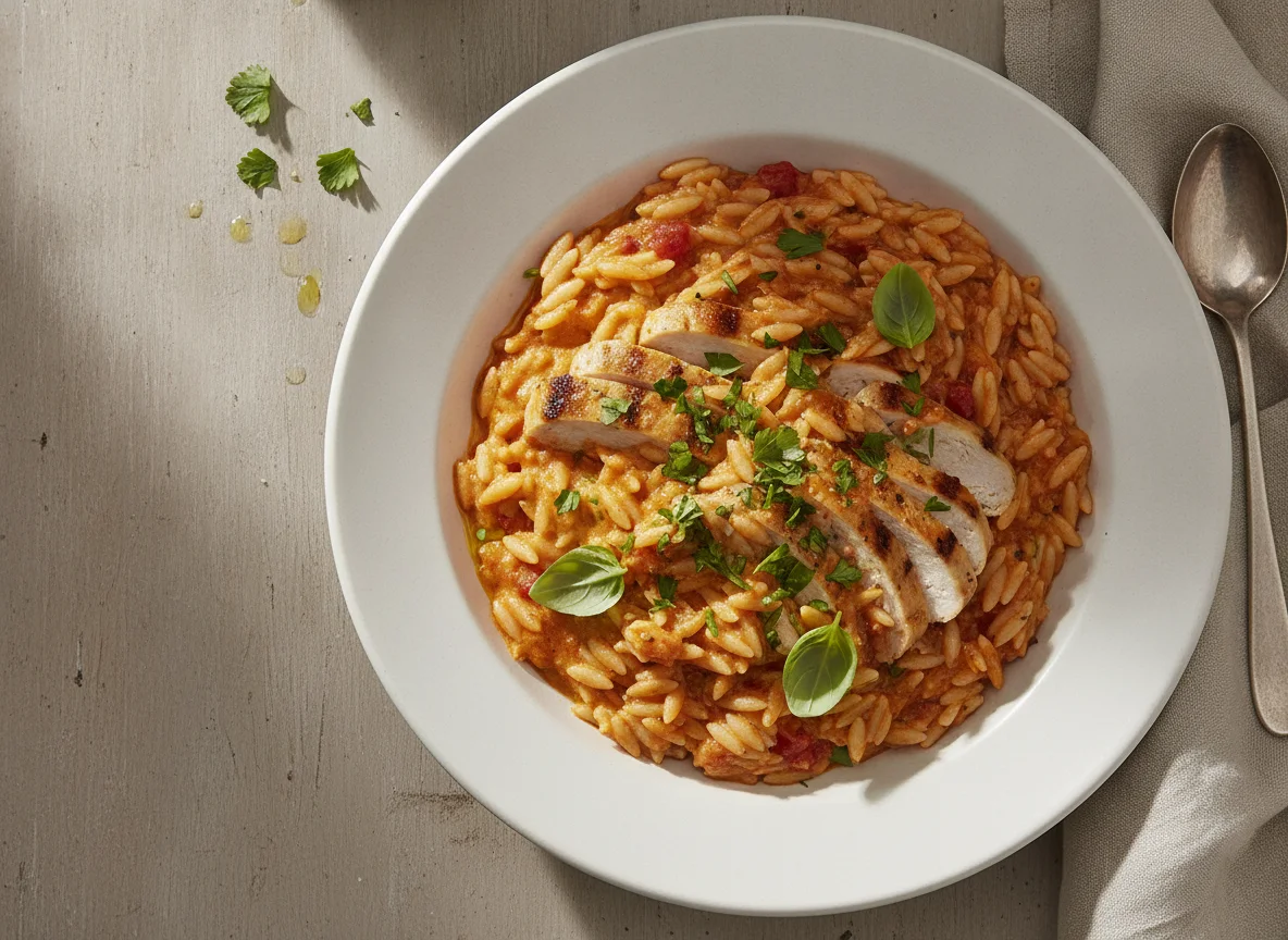 Orzo con pollo y salsa cremosa de tomate photo